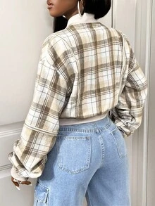 BamGleam Áo khoác nữ tay dài có khóa kéo ngắn họa tiết kẻ caro tối giản hàng ngày - trắng - Xem 2