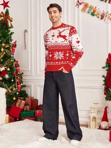 Manfinity RelaxMax 男士休闲驯鹿雪花图案圆领长袖毛衣，秋冬季，圣诞节适用 - 紅色 - 查看 4