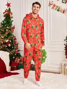 Manfinity RelaxMax Men's Letter & Christmas Tree Print Long Sleeve Zip Front Hooded Jumpsuit