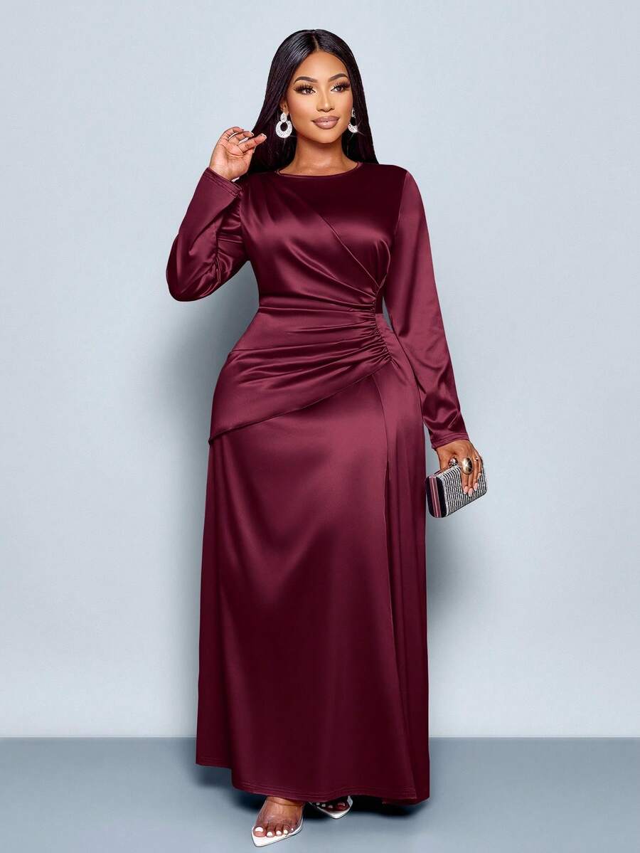 SOLERSUN Đầm ôm body bằng vải satin nhún bèo màu trơn thanh lịch dành cho nữ, thích hợp cho trang phục dự tiệc hẹn hò Maxi dành cho nữ - Màu Đỏ Sâu - Xem 1