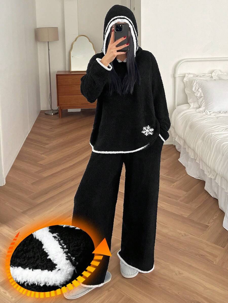 DAZY 2件套女士雪花印花宽松连帽长袖针织上衣和裤子家居服套装，秋冬季休闲舒适睡衣保暖内衬服装 - 黑色 - 查看 1