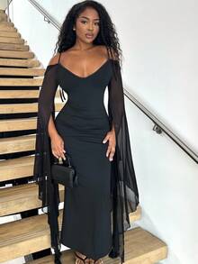 Alexandranx 女士优雅修身长袖网眼夸张蝙蝠袖紧身连衣裙 - 黑色 - 查看 1