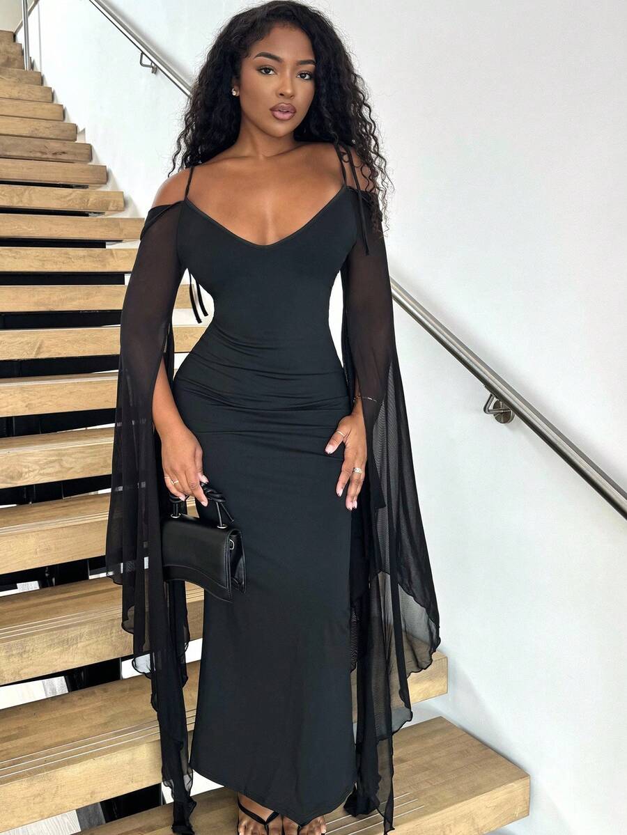 Alexandranx 女士优雅修身长袖网眼夸张蝙蝠袖紧身连衣裙 - 黑色 - 查看 1