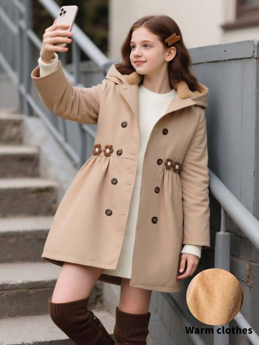 SHEIN Tween Girls Mid-Length Hooded Casual Fleece Jacket, Winter Fall