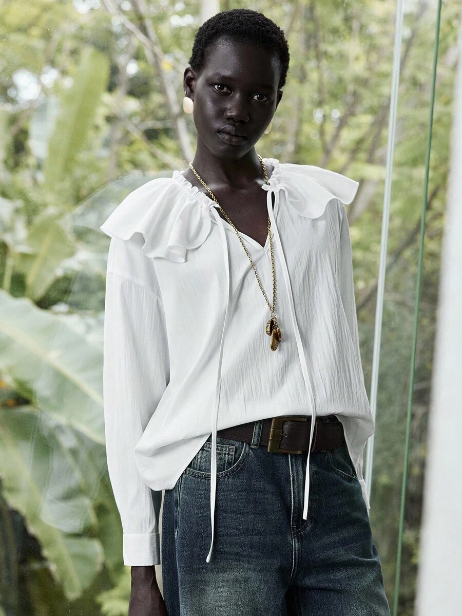 Lumivelle Damen Einfarbiges minimalistisches Langarm-Hemd mit Bindedetail, lässiger Alltags-Look - Weiss - Übersicht 1
