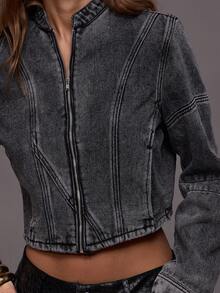 MUSERA Washed Denim Mock Neck Zip Through Motor-Cross Style Jacket Autumn Fall Winter Night Out Going Out Streetwear Cute Back To School Sexy Uncut - Navy Blue - View 6