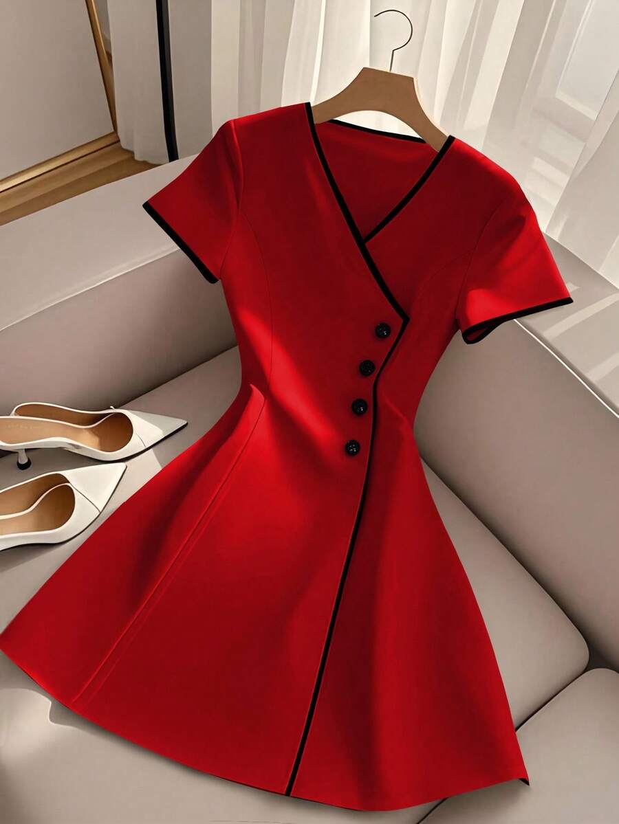 INAWLY Elegant Fashion Color Block V-Neck Waist Flared Mini Dress For Women - Red - View 1
