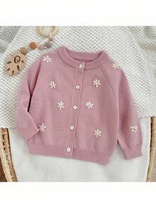 Loomiva Baby Girl Floral Print Round Neck Raglan Sleeve Cardigan Baby Girl Cute Sweater Jacket Flower Embroidered Baby Cardigan Baby Girl Clothes Spring Fall Pink Baby Girl Sweater Baby Girl Cardigan 100 Cotton Baby Girl Jacket Wildflower Baby Clothes - Pink - View 3
