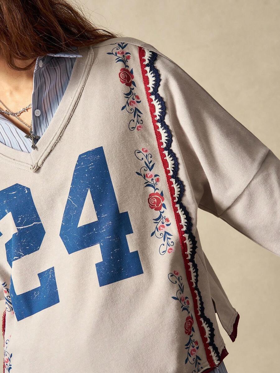 Bohemela 女士休闲拼接V领长袖宽松T恤 - 杏色 - 查看 1