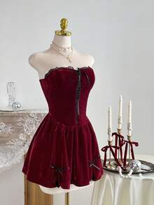 SHEIN Unity 1 chiếc váy ngắn bó sát không dây bằng vải nhung viền ren phong cách corset cổ điển, cổ chữ V sâu có dây rút, trang trí nơ, thích hợp cho tiệc Giáng sinh, tiệc năm mới - Đỏ - Xem 3