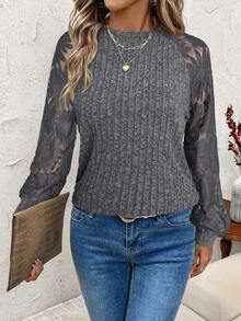 SHEIN Clasi Women's Fuzzy Patchwork Sunflower Lace T-Shirt - Dark Grey - View 5