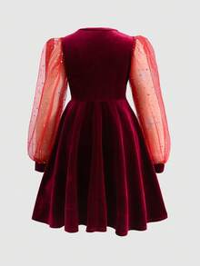 SHEIN 少女针织网纱撞色长袖优雅修身A字天鹅绒连衣裙，红色，适合圣诞节穿着。优雅天鹅绒甜心领褶皱喇叭袖收腰酒红色连衣裙，适合周末、休闲外出、毕业舞会、万圣节、圣诞节、新年等场合。天鹅绒连衣裙，长袖天鹅绒连衣裙，圣诞连衣裙，酒红色天鹅绒连衣裙 - 紅色 - 查看 10