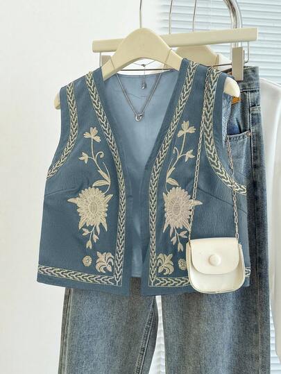 Franclia Chaleco ligero con abertura frontal y bordado floral para mujer