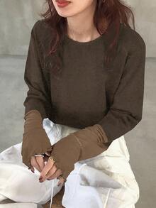 FRIFUL 女式圆领插肩拼接撞色拼接透明面料长袖宽松休闲百搭运动衫，秋季 - 棕色 - 查看 5