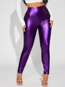 SHEIN Tall CURVE Plus Size Women High Waist Solid Color PU Leather Leggings - Purple - View 4