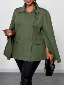 Maweii Plus Size Women Solid Color Button Front Cape Woolen Coat, Autumn/Winter - Army Green - View 5