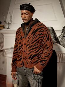 Manfinity Roghcode Lässige, locker sitzende Knopf-Vorder Langarm Strickjacke für Herren, Herbst Winter - Braun - Übersicht 5