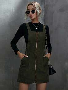 SHEIN Tall 女式灯芯绒吊带迷你连衣裙，女式金属拉链装饰口袋迷你连衣裙 - 綠色 - 查看 1