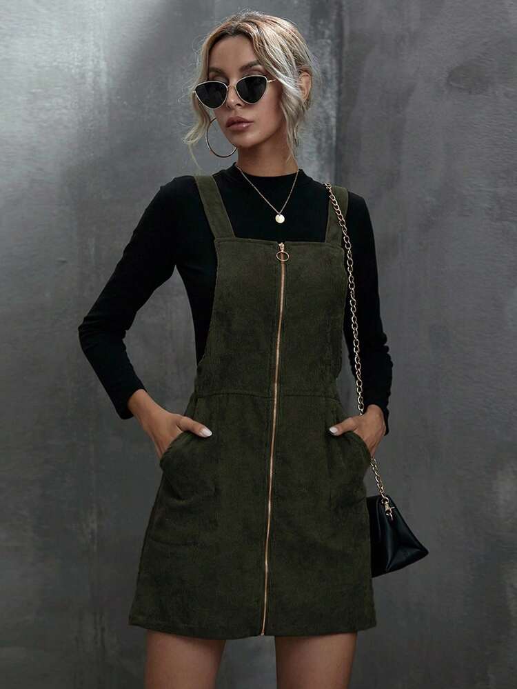 SHEIN Tall 女式灯芯绒吊带迷你连衣裙，女式金属拉链装饰口袋迷你连衣裙 - 綠色 - 查看 1