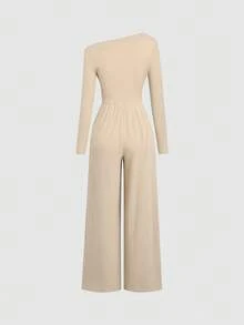 Sweetra 女式斜肩褶饰 V 腰休闲商务连体裤，深灰色 - 杏色 - 查看 2