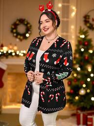 SHEIN Essnce Plus Size Women's Autumn And Winter Fashion Casual Loose Comfortable Daily Black Christmas Pattern Black Cardigan Jacket,Fall Outfits,Christmas Women's Clothing