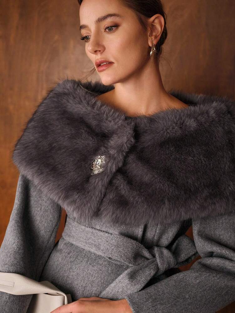 GREY CONTRAST FUZZY OFF SHOULDER OVERCOAT WITH BELT