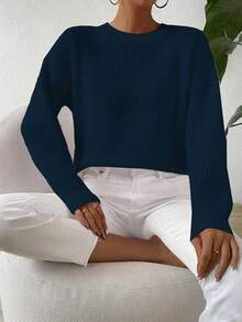 EMERY ROSE Women's Solid Color Round Neck Drop Shoulder Long Sleeve Casual Sweater, Autumn/Winter - Navy Blue - View 5