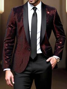 Manfinity AFTRDRK 男士亮片披肩领单排扣西装外套，完美适用于晚宴、派对、毕业典礼和圣诞派对。男士红色亮片西装外套，情侣装的完美之选。2025闪亮派对西装外套，正式夹克，适合婚礼、舞会和夜总会等场合。男士设计西装外套，男士晚宴现代派对服装，男士婚礼夹克，男士黑色亮片西装，圣诞节 - 黑色 - 查看 1