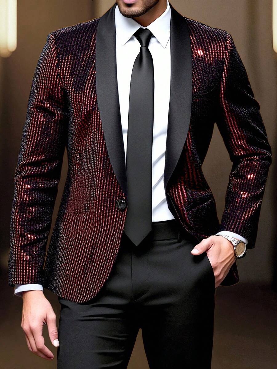 Manfinity AFTRDRK 男士亮片披肩领单排扣西装外套,完美适用于晚宴、派对、毕业典礼和圣诞派对。男士红色亮片西装外套,情侣装的完美之选。2025闪亮派对西装外套,正式夹克,适合婚礼、舞会和夜总会等场合。男士设计西装外套,男士晚宴现代派对服装,男士婚礼夹克,男士黑色亮片西装,圣诞节 - 黑色 - 查看 1