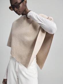 Ontre 2026SS Women's Solid Khaki Versatile Wool Blend Poncho Sweater - Khaki - View 5