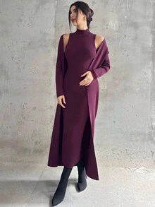 Firerie Women's Burgundy Vintage French Fitted Knit Dress And Cardigan Two Pieces Set, Dress And Cardigan Sweater Suit, Elegant Commuter Women's Outfit, Autumn/Winter Clothing, Graceful, Commuter,Cozy Fall And Winter Clothes For Women,New Year Clothes