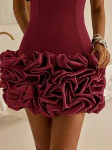 Vowa Gaun Bodycon Satin Rajut Cokelat Elegan dengan Bahu Terbuka dan Leher V Bermotif Bunga di Bagian Bawah, Cocok untuk Kencan, Liburan, Ulang Tahun, Pernikahan, dan Pesta Koktail. - Burgundy - View 3