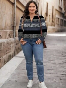 SHEIN LUNE Casual Striped Colorblock Pattern Loose Fit Half-Zip Round Neck Long Sleeve T-Shirt, Suitable For Spring & Autumn - Navy Blue - View 6