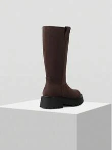 Minimalana botas marrom estilo britânico vintage de cano médio para mulheres, botas de motociclista, acabamento desgastado, efeito adelgaçante