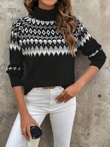 EMERY ROSE Damen Lässiger Rollkragen Raglanärmel Karomuster Strickpullover, Herbst/Winter