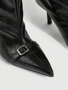 Daringsoles Botas de caña media con punta puntiaguda y tacón fino para mujer, caña ancha, color burdeos, minimalistas y de moda, para otoño/invierno