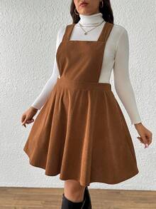 SHEIN Tall CURVE Plus Size Women Corduroy Brown Pinafore Dress, Autumn/Winter