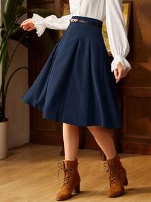 Vintamour 复古优雅的女士褶皱 A 字裙，配腰带，棕色，适合工作或休闲场合，返校服装秋装秋装教师服装冬季女士复古服装卡其色裙子返校节裙子短款栗色 - 藏蓝色 - 查看 6