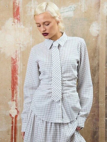 COUREZ Oversized Cinched Waist Check Shirt With Front Tie Detail /Y2K Fall Clothes For Women Winter Clothes Casual Going Out Tops Sexy Party Party Top Elegant