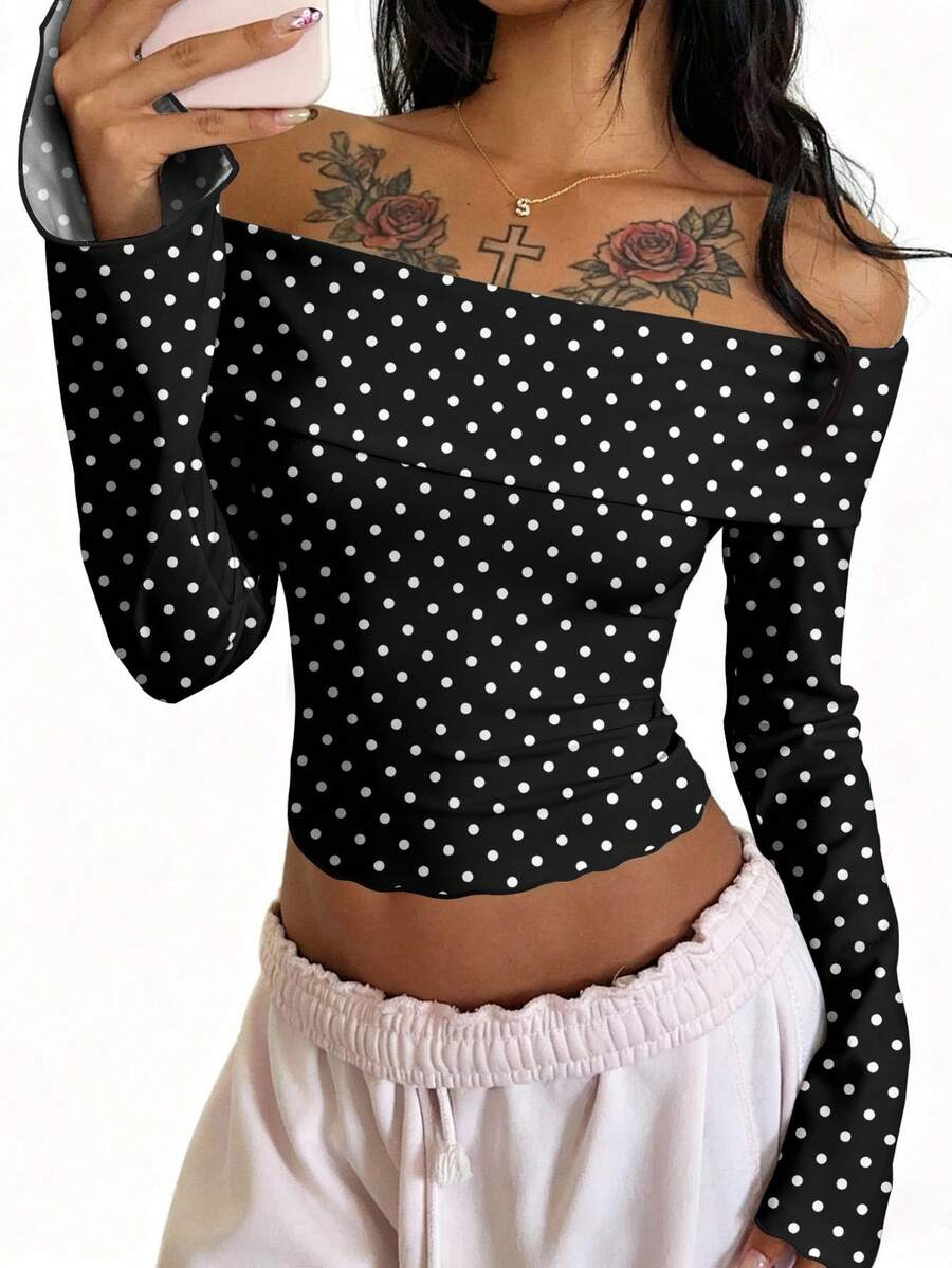 SHEIN EZwear 休闲复古风格波普艺术黑色背景白色波尔卡圆点印花露肩长袖修身上衣,适合秋冬复古、性感、可爱、Y2K、椰子女孩、波西米亚风、嬉皮士风格、音乐节 - 彩色 - 查看 1