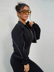 SAYEHFBABY 字母拼接细节撞色滚边短款黑色秋装女式夹克 - 黑色 - 查看 6