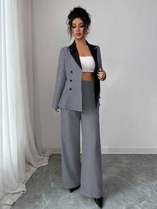 Elenzga 女士优雅通勤优雅长袖撞色腰部 A 字长套装，适合日常穿着、工作通勤和多种场合，春秋季 - 灰色 - 查看 3