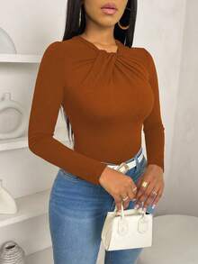 VaVaBold Camiseta de manga larga con cuello de lazo, ajuste ceñido y bajo con volantes, unicolor, elegante y casual para mujer, atuendo de otoño - Café integral - Ver 6