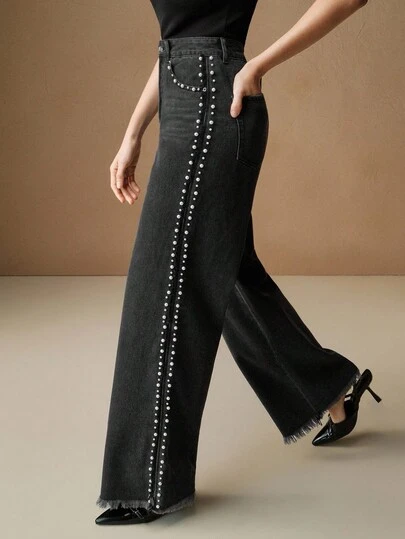 Anewsta Elegant Fashion Straight-Leg Jeans With Blue Beaded Decoration