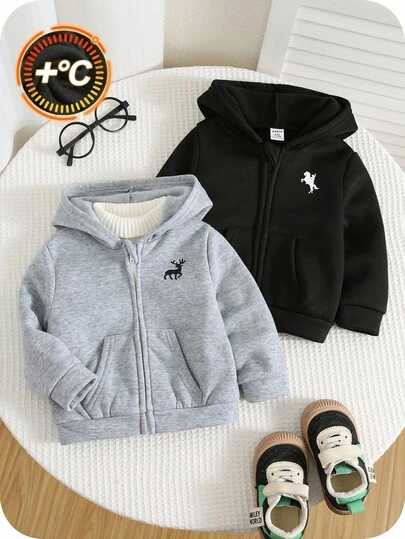 SHEIN 2件套男婴休闲纯色保暖连帽拉链外套套装，秋冬季男婴外套，男婴连帽衫，男婴拉链衫