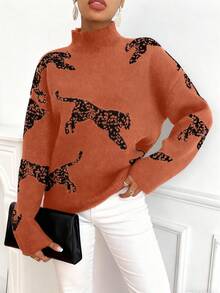 EMERY ROSE Women's Casual Loose Leopard Print Drop Shoulder Long Sleeve Turtleneck Sweater, Autumn/Winter - Burnt Orange - View 5