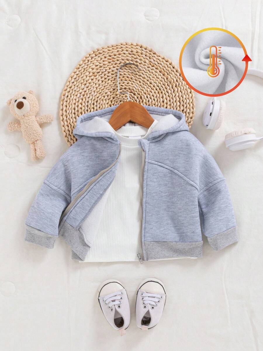 SHEIN Vintaside Kids 1 件婴幼儿男女休闲简约时尚灰色连帽长袖夹克，适合日常上学穿着，春秋季 - 灰色 - 查看 1