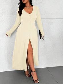 Calvaya Đầm dài họa tiết màu trơn đơn giản cỡ lớn cài nút phía trước, trang phục thu cho nữ Maxi - Màu be - Xem 4