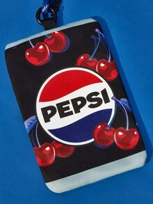 PEPSI X SHEIN 1个零钱包，可装卡、硬币、挂脖，樱桃印花，适合青少年和成人 - 藍色 - 查看 6