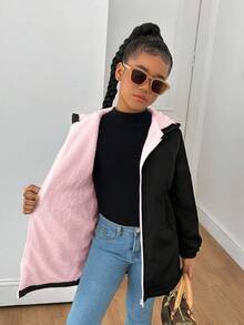 SHEIN Chaqueta cortavientos con capucha informal para niñas preadolescentes, ropa de abrigo forrada térmicamente de longitud media, para otoño/invierno - Multicolor - Ver 5